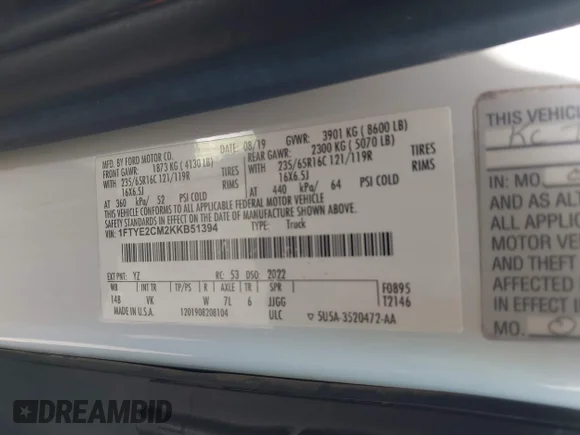 ✅ 2019 Ford Transit • VIN: 1FTYE2CM2KKB51394 • Лот: 42758326. Опубліковано раніше на IAAI з пробігом 98 813 миль. Безкоштовний доступ до архіву аукціонних продажів зі США та докладний звіт про історію автомобіля на DreamBid. Зображення 9.