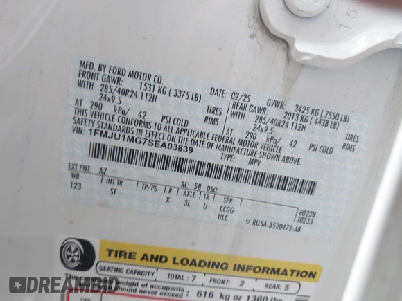 ✅ 2025 Ford Expedition Platinum • VIN: 1FMJU1MG7SEA03839 • Lot: 43136777. Wystawiony na IAAI z przebiegiem Nie podano. Bezpłatny archiwum sprzedaży aukcyjnych z USA i szczegółowy raport historii pojazdu na DreamBid. Zdjęcie 9.