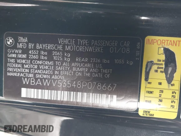 ✅ 2008 BMW 3 Series 328xi • VIN: WBAWV53548P078667 • Lot: 44486105. Listed on IAAI with 238,471 mi. Free auction sales archive from the USA and detailed vehicle history report at DreamBid. Image 9.
