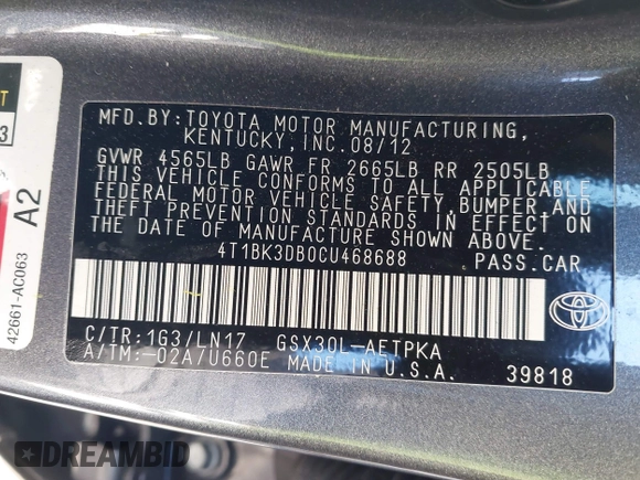 ✅ 2012 Toyota Avalon Limited • VIN: 4T1BK3DB0CU468688 • Lot: 43971589. Wystawiony na IAAI z przebiegiem 59 956 mil. Bezpłatny archiwum sprzedaży aukcyjnych z USA i szczegółowy raport historii pojazdu na DreamBid. Zdjęcie 9.