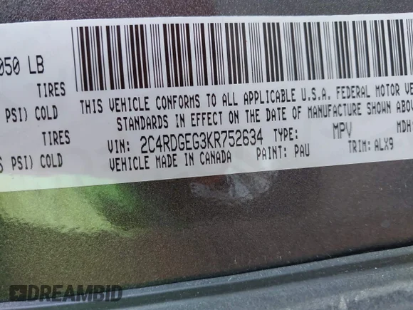 ✅ 2019 Dodge Grand Caravan GT • VIN: 2C4RDGEG3KR752634 • Lot: 43795770. Wystawiony na IAAI z przebiegiem 106 496 mil. Bezpłatny archiwum sprzedaży aukcyjnych z USA i szczegółowy raport historii pojazdu na DreamBid. Zdjęcie 9.
