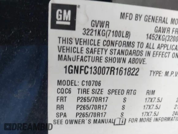 ✅ 2007 Chevrolet Tahoe LT • VIN: 1GNFC13007R161822 • Lot: 45224553. Wystawiony na IAAI z przebiegiem Nie podano. Bezpłatny archiwum sprzedaży aukcyjnych z USA i szczegółowy raport historii pojazdu na DreamBid. Zdjęcie 9.