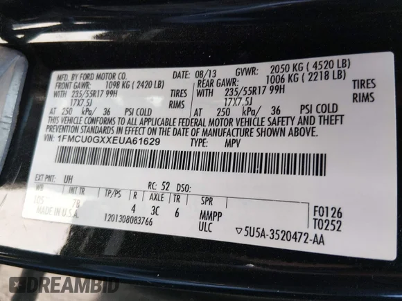 ✅ 2014 Ford Escape SE • VIN: 1FMCU0GXXEUA61629 • Lot: 44723403. Listed on IAAI with 200,935 mi. Free auction sales archive from the USA and detailed vehicle history report at DreamBid. Image 9.