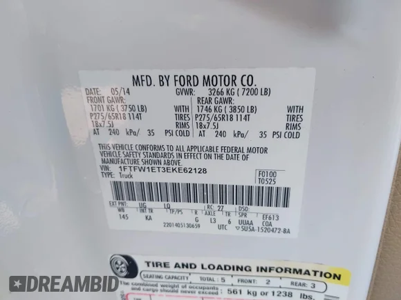 ✅ 2014 Ford F-150 XL • VIN: 1FTFW1ET3EKE62128 • Lot: 42118793. Wystawiony na IAAI z przebiegiem 133 292 mil. Bezpłatny archiwum sprzedaży aukcyjnych z USA i szczegółowy raport historii pojazdu na DreamBid. Zdjęcie 9.