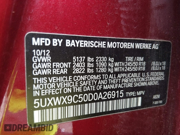 ✅ 2013 BMW X3 xDrive28i • VIN: 5UXWX9C50D0A26915 • Лот: 45335411. Опубліковано раніше на IAAI з пробігом 121 096 миль. Безкоштовний доступ до архіву аукціонних продажів зі США та докладний звіт про історію автомобіля на DreamBid. Зображення 9.