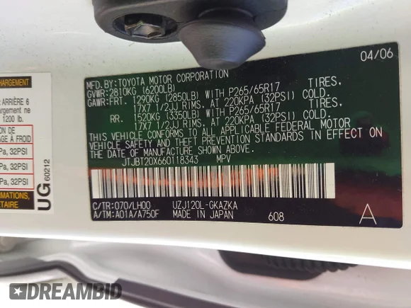 ✅ 2006 Lexus GX 470 • VIN: JTJBT20X660118343 • Лот: 42860424. Опубліковано раніше на IAAI з пробігом 205 677 миль. Безкоштовний доступ до архіву аукціонних продажів зі США та докладний звіт про історію автомобіля на DreamBid. Зображення 9.
