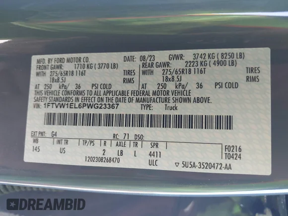 ✅ 2023 Ford F-150 Lightning Pro • VIN: 1FTVW1EL6PWG23367 • Lot: 43144775. Wystawiony na IAAI z przebiegiem 9 729 mil. Bezpłatny archiwum sprzedaży aukcyjnych z USA i szczegółowy raport historii pojazdu na DreamBid. Zdjęcie 9.