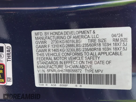 ✅ 2024 Honda Odyssey EX-L • VIN: 5FNRL6H67RB056672 • Lot: 44128360. Wystawiony na IAAI z przebiegiem 14 957 mil. Bezpłatny archiwum sprzedaży aukcyjnych z USA i szczegółowy raport historii pojazdu na DreamBid. Zdjęcie 9.