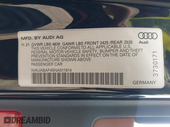✅ 2022 Audi A4 Premium • VIN: WAUABAF45NA011914 • Lot: 42210116. Wystawiony na IAAI z przebiegiem 38 404 mil. Bezpłatny archiwum sprzedaży aukcyjnych z USA i szczegółowy raport historii pojazdu na DreamBid. Zdjęcie 9.