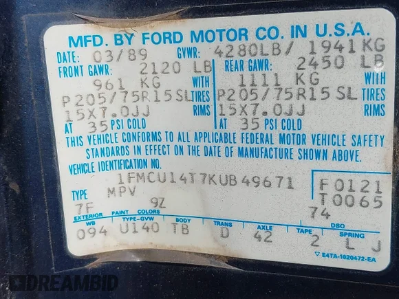 ✅ 1989 Ford Bronco • VIN: 1FMCU14T7KUB49671 • Lot: 42404266. Wystawiony na IAAI z przebiegiem 22 883 mil. Bezpłatny archiwum sprzedaży aukcyjnych z USA i szczegółowy raport historii pojazdu na DreamBid. Zdjęcie 9.