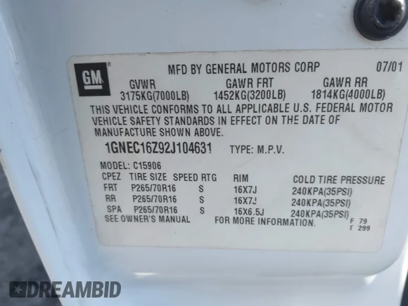 ✅ 2002 Chevrolet Suburban LS • VIN: 1GNEC16Z92J104631 • Lot: 44445284. Listed on IAAI with 249,299 mi. Free auction sales archive from the USA and detailed vehicle history report at DreamBid. Image 9.