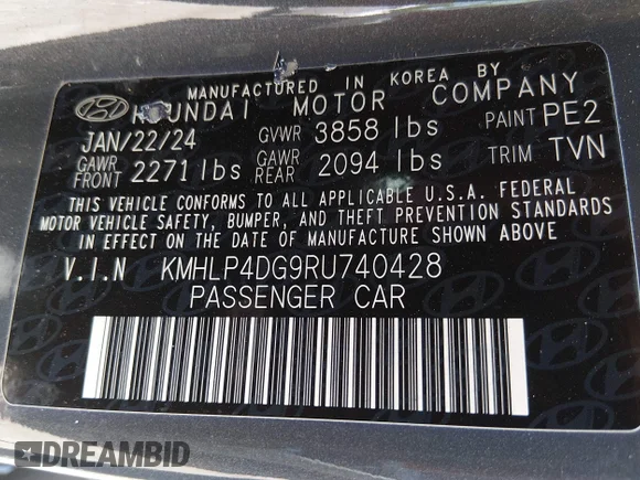 ✅ 2024 Hyundai Elantra Limited • VIN: KMHLP4DG9RU740428 • Lot: 45283655. Wystawiony na IAAI z przebiegiem 36 266 mil. Bezpłatny archiwum sprzedaży aukcyjnych z USA i szczegółowy raport historii pojazdu na DreamBid. Zdjęcie 9.