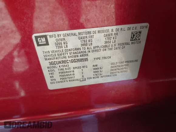 ✅ 2016 Chevrolet Silverado 1500 LT • VIN: 3GCUKREC1GG268595 • Lot: 43413821. Listed on IAAI with 91,418 mi. Free auction sales archive from the USA and detailed vehicle history report at DreamBid. Image 9.