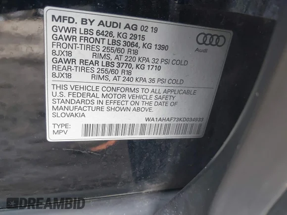 ✅ 2019 Audi Q7 Premium • VIN: WA1AHAF73KD034933 • Лот: 43987133. Опубліковано раніше на IAAI з пробігом 122 163 миль. Безкоштовний доступ до архіву аукціонних продажів зі США та докладний звіт про історію автомобіля на DreamBid. Зображення 9.