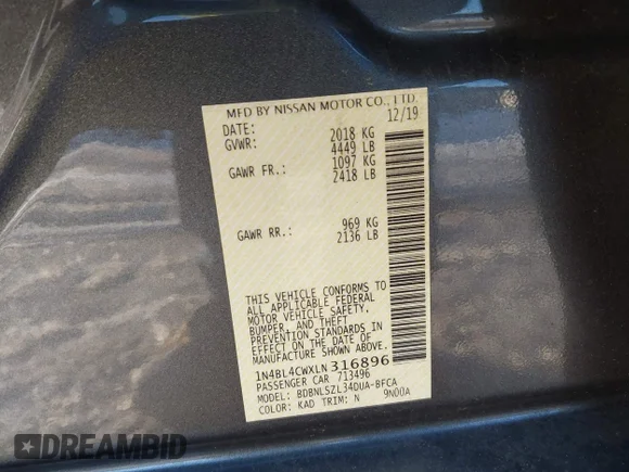 ✅ 2020 Nissan Altima SR • VIN: 1N4BL4CWXLN316896 • Lot: 43970103. Wystawiony na IAAI z przebiegiem 93 832 mil. Bezpłatny archiwum sprzedaży aukcyjnych z USA i szczegółowy raport historii pojazdu na DreamBid. Zdjęcie 9.