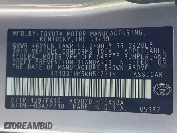 ✅ 2019 Toyota Camry Hybrid LE • VIN: 4T1B31HK5KU517314 • Lot: 43505852. Wystawiony na IAAI z przebiegiem 93 277 mil. Bezpłatny archiwum sprzedaży aukcyjnych z USA i szczegółowy raport historii pojazdu na DreamBid. Zdjęcie 9.