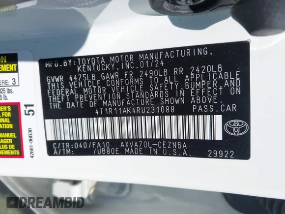 ✅ 2024 Toyota Camry LE • VIN: 4T1R11AK4RU231088 • Lot: 44807960. Wystawiony na IAAI z przebiegiem 79 215 mil. Bezpłatny archiwum sprzedaży aukcyjnych z USA i szczegółowy raport historii pojazdu na DreamBid. Zdjęcie 9.