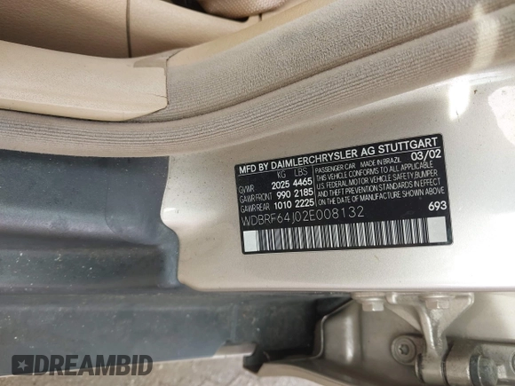 ✅ 2002 Mercedes-Benz C 230/260/280/320 • VIN: WDBRF64J02E008132 • Lot: 43658080. Wystawiony na IAAI z przebiegiem Nie podano. Bezpłatny archiwum sprzedaży aukcyjnych z USA i szczegółowy raport historii pojazdu na DreamBid. Zdjęcie 9.