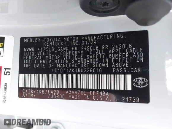✅ 2024 Toyota Camry LE • VIN: 4T1C11AK1RU226016 • Lot: 43012730. Wystawiony na IAAI z przebiegiem 30 847 mil. Bezpłatny archiwum sprzedaży aukcyjnych z USA i szczegółowy raport historii pojazdu na DreamBid. Zdjęcie 9.
