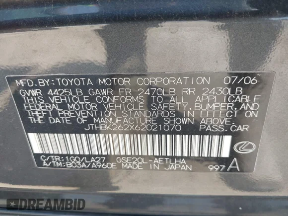 ✅ 2006 Lexus IS 250 • VIN: JTHBK262X62021070 • Лот: 42919788. Опубліковано раніше на IAAI з пробігом 205 472 миль. Безкоштовний доступ до архіву аукціонних продажів зі США та докладний звіт про історію автомобіля на DreamBid. Зображення 9.