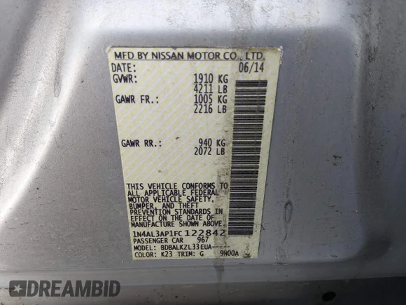 ✅ 2015 Nissan Altima S • VIN: 1N4AL3AP1FC122842 • Lot: 44265504. Listed on IAAI with 223,783 mi. Free auction sales archive from the USA and detailed vehicle history report at DreamBid. Image 9.