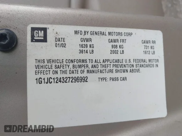 ✅ 2002 Chevrolet Cavalier • VIN: 1G1JC124327296992 • Лот: 42297602. Опубликован ранее на IAAI с пробегом 178 699 миль. Бесплатный доступ к архиву аукционных продаж из США и подробный отчёт об истории автомобиля на DreamBid. Изображение 9.