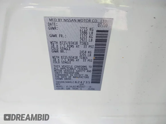 ✅ 2020 Nissan Pathfinder S • VIN: 5N1DR2AN4LC624735 • Lot: 43686248. Wystawiony na IAAI z przebiegiem 47 934 mil. Bezpłatny archiwum sprzedaży aukcyjnych z USA i szczegółowy raport historii pojazdu na DreamBid. Zdjęcie 9.