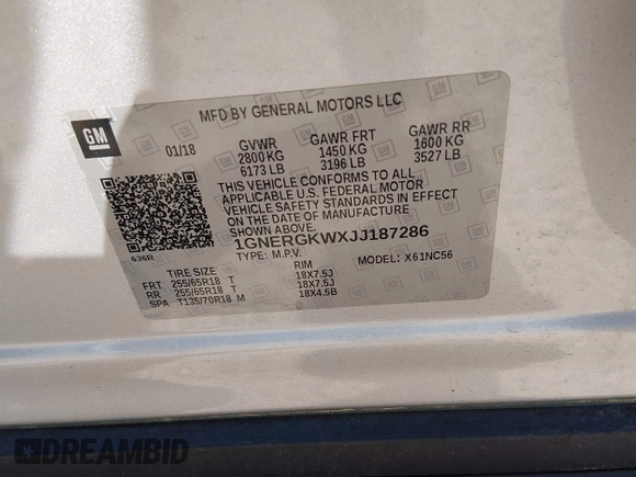 ✅ 2018 Chevrolet Traverse LT Cloth • VIN: 1GNERGKWXJJ187286 • Lot: 44919175. Wystawiony na IAAI z przebiegiem 173 402 mil. Bezpłatny archiwum sprzedaży aukcyjnych z USA i szczegółowy raport historii pojazdu na DreamBid. Zdjęcie 9.