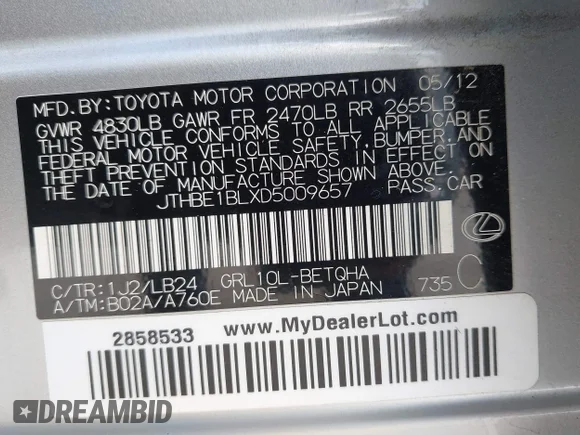 ✅ 2013 Lexus GS 350 • VIN: JTHBE1BLXD5009657 • Лот: 42576118. Опубліковано раніше на IAAI з пробігом 122 426 миль. Безкоштовний доступ до архіву аукціонних продажів зі США та докладний звіт про історію автомобіля на DreamBid. Зображення 9.