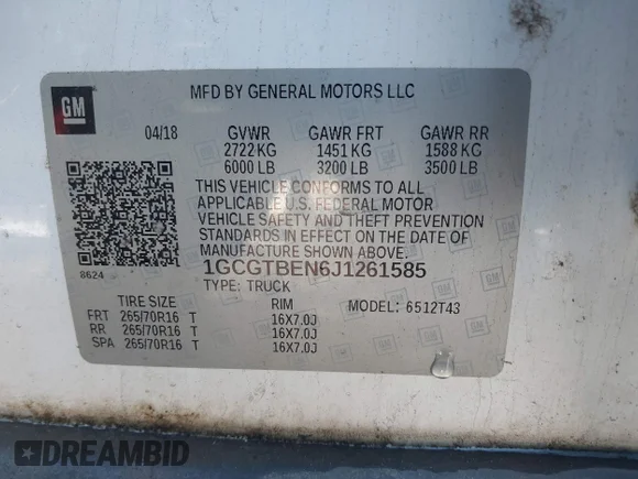 ✅ 2018 Chevrolet Colorado 4WD Work Truck • VIN: 1GCGTBEN6J1261585 • Лот: 44187837. Опубліковано раніше на IAAI з пробігом 175 204 миль. Безкоштовний доступ до архіву аукціонних продажів зі США та докладний звіт про історію автомобіля на DreamBid. Зображення 9.