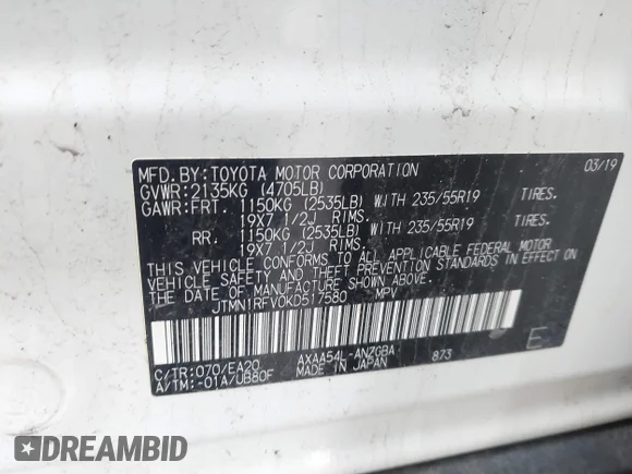 ✅ 2019 Toyota RAV4 Limited • VIN: JTMN1RFV0KD517580 • Lot: 45123265. Wystawiony na IAAI z przebiegiem 79 166 mil. Bezpłatny archiwum sprzedaży aukcyjnych z USA i szczegółowy raport historii pojazdu na DreamBid. Zdjęcie 9.