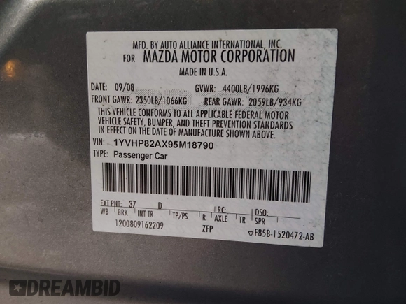 ✅ 2009 Mazda 6 i Touring • VIN: 1YVHP82AX95M18790 • Lot: 44420094. Wystawiony na IAAI z przebiegiem 127 067 mil. Bezpłatny archiwum sprzedaży aukcyjnych z USA i szczegółowy raport historii pojazdu na DreamBid. Zdjęcie 9.