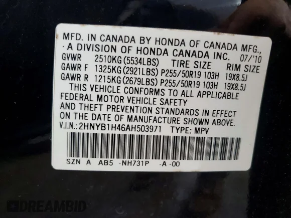 ✅ 2010 Acura ZDX Technology • VIN: 2HNYB1H46AH503971 • Lot: 79887925. Wystawiony na Copart z przebiegiem 208 370 mil. Bezpłatny archiwum sprzedaży aukcyjnych z USA i szczegółowy raport historii pojazdu na DreamBid. Zdjęcie 14.
