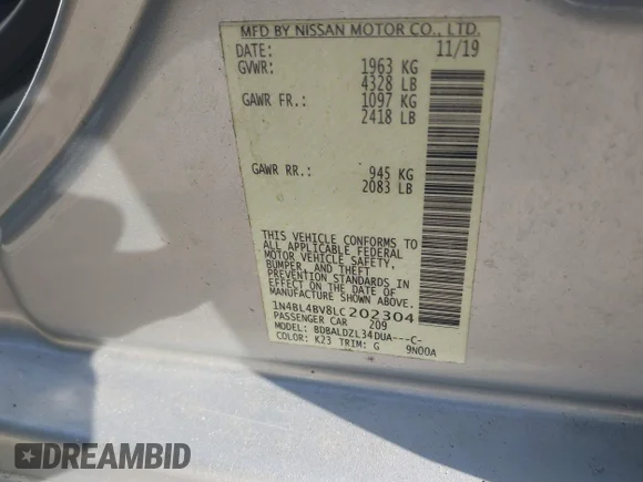 ✅ 2020 Nissan Altima S • VIN: 1N4BL4BV8LC202304 • Lot: 44630714. Wystawiony na IAAI z przebiegiem 79 194 mil. Bezpłatny archiwum sprzedaży aukcyjnych z USA i szczegółowy raport historii pojazdu na DreamBid. Zdjęcie 9.