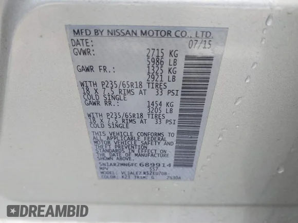 ✅ 2015 Nissan Pathfinder S • VIN: 5N1AR2MN6FC689914 • Лот: 42211611. Опубликован ранее на IAAI с пробегом 167 389 миль. Бесплатный доступ к архиву аукционных продаж из США и подробный отчёт об истории автомобиля на DreamBid. Изображение 9.