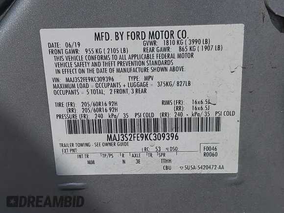 ✅ 2019 Ford EcoSport S • VIN: MAJ3S2FE9KC309396 • Lot: 42799190. Wystawiony na IAAI z przebiegiem 89 962 mil. Bezpłatny archiwum sprzedaży aukcyjnych z USA i szczegółowy raport historii pojazdu na DreamBid. Zdjęcie 9.
