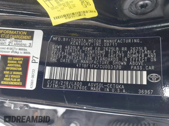 ✅ 2012 Toyota Camry SE • VIN: 4T1BF1FK7CU003170 • Lot: 43892962. Listed on IAAI with 119,802 mi. Free auction sales archive from the USA and detailed vehicle history report at DreamBid. Image 9.
