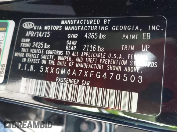 ✅ 2015 Kia Optima LX • VIN: 5XXGM4A7XFG470503 • Lot: 44262335. Listed on IAAI with 116,210 mi. Free auction sales archive from the USA and detailed vehicle history report at DreamBid. Image 9.