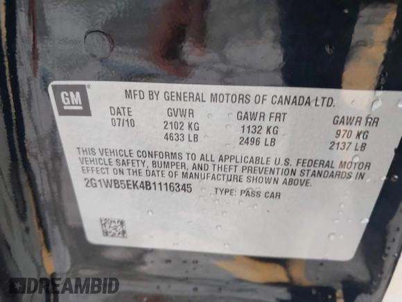 ✅ 2011 Chevrolet Impala LT Retail • VIN: 2G1WB5EK4B1116345 • Lot: 43813006. Wystawiony na IAAI z przebiegiem 186 024 mil. Bezpłatny archiwum sprzedaży aukcyjnych z USA i szczegółowy raport historii pojazdu na DreamBid. Zdjęcie 9.