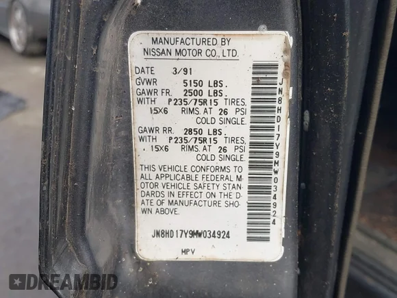 ✅ 1991 Nissan Pathfinder LE • VIN: JN8HD17Y9MW034924 • Lot: 44559821. Wystawiony na IAAI z przebiegiem 206 379 mil. Bezpłatny archiwum sprzedaży aukcyjnych z USA i szczegółowy raport historii pojazdu na DreamBid. Zdjęcie 9.