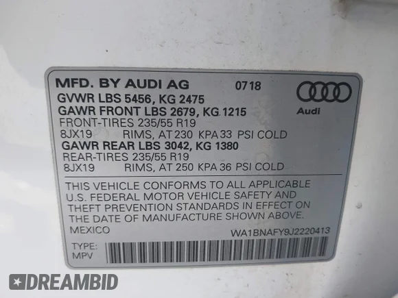 ✅ 2018 Audi Q5 Premium Plus • VIN: WA1BNAFY9J2220413 • Lot: 43002384. Wystawiony na IAAI z przebiegiem 126 143 mil. Bezpłatny archiwum sprzedaży aukcyjnych z USA i szczegółowy raport historii pojazdu na DreamBid. Zdjęcie 9.
