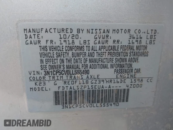 ✅ 2020 Nissan Kicks SV • VIN: 3N1CP5CV0LL555490 • Lot: 43399752. Listed on IAAI with 33,754 mi. Free auction sales archive from the USA and detailed vehicle history report at DreamBid. Image 9.
