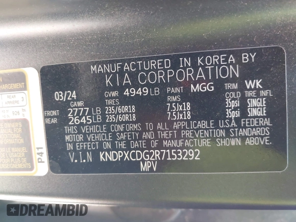 ✅ 2024 Kia Sportage SX-Prestige • VIN: KNDPXCDG2R7153292 • Lot: 44304182. Wystawiony na IAAI z przebiegiem 52 717 mil. Bezpłatny archiwum sprzedaży aukcyjnych z USA i szczegółowy raport historii pojazdu na DreamBid. Zdjęcie 9.