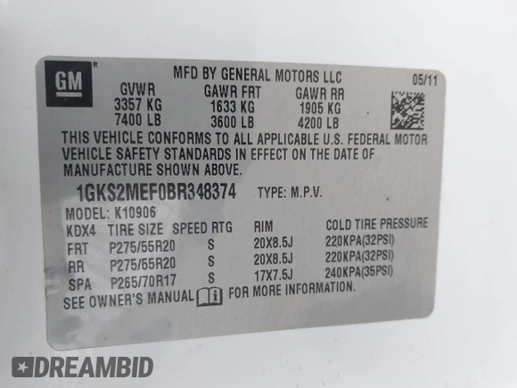 ✅ 2011 GMC Yukon XL Denali • VIN: 1GKS2MEF0BR348374 • Lot: 41664495. Wystawiony na IAAI z przebiegiem 196 602 mil. Bezpłatny archiwum sprzedaży aukcyjnych z USA i szczegółowy raport historii pojazdu na DreamBid. Zdjęcie 9.