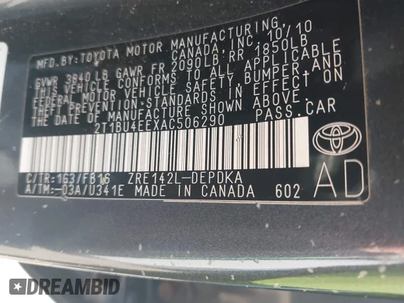 ✅ 2010 Toyota Corolla LE • VIN: 2T1BU4EEXAC506290 • Lot: 43516541. Listed on IAAI with 143,519 mi. Free auction sales archive from the USA and detailed vehicle history report at DreamBid. Image 9.