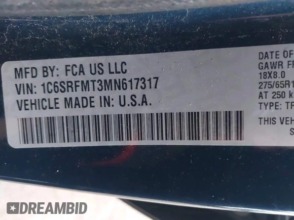 ✅ 2021 Ram 1500 Big Horn • VIN: 1C6SRFMT3MN617317 • Lot: 43910138. Wystawiony na IAAI z przebiegiem 111 627 mil. Bezpłatny archiwum sprzedaży aukcyjnych z USA i szczegółowy raport historii pojazdu na DreamBid. Zdjęcie 9.