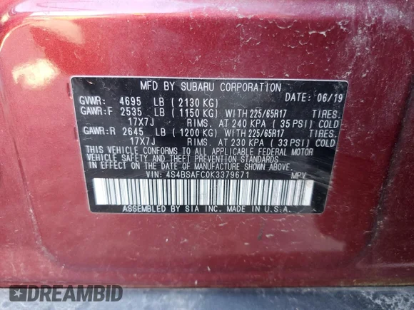 ✅ 2019 Subaru Outback Premium • VIN: 4S4BSAFC0K3379671 • Лот: 75296844. Опубліковано раніше на Copart з пробігом 76 290 миль. Безкоштовний доступ до архіву аукціонних продажів зі США та докладний звіт про історію автомобіля на DreamBid. Зображення 13.