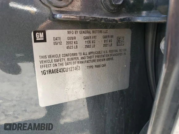 ✅ 2012 Chevrolet Volt • VIN: 1G1RA6E43CU127463 • Лот: 80153235. Опубликован ранее на Copart с пробегом 156 338 миль. Бесплатный доступ к архиву аукционных продаж из США и подробный отчёт об истории автомобиля на DreamBid. Изображение 12.