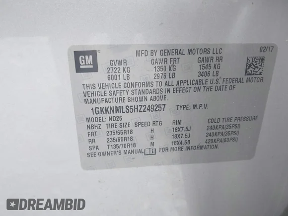 ✅ 2017 GMC Acadia SLT • VIN: 1GKKNMLS5HZ249257 • Лот: 45492739. Опубліковано раніше на IAAI з пробігом 254 862 миль. Безкоштовний доступ до архіву аукціонних продажів зі США та докладний звіт про історію автомобіля на DreamBid. Зображення 9.
