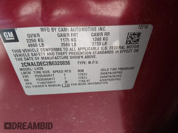 ✅ 2011 Chevrolet Equinox 1LT • VIN: 2CNALDEC2B6320836 • Lot: 44962366. Listed on IAAI with 149,741 mi. Free auction sales archive from the USA and detailed vehicle history report at DreamBid. Image 9.